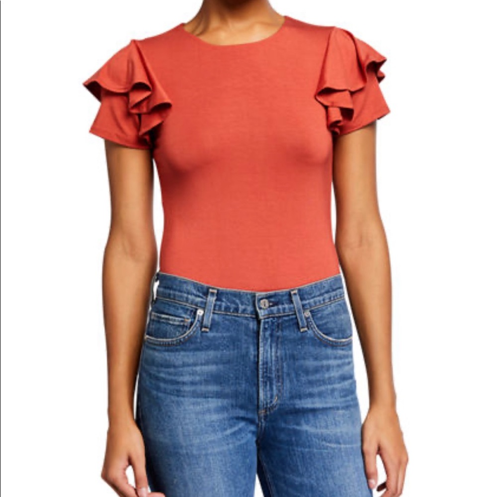 🌺Veribuca Ruffle V-Neck Cap-Sleeve Bodysuit💞